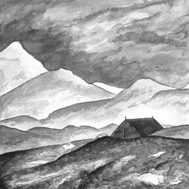 Paysage montagneux avec au premier plan une tente isolée, en altitude.