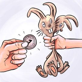 Une main empoigne 2 lapins par leurs cous. Une autre main tend un sou.