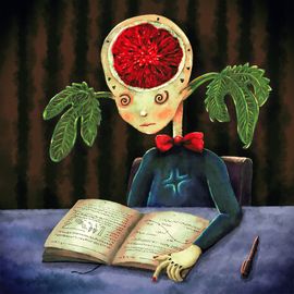 Un individu étrange a une figue à la place du cerveau et des végétaux en guise d’oreilles. Il essaye de comprendre ce qu’il lit.