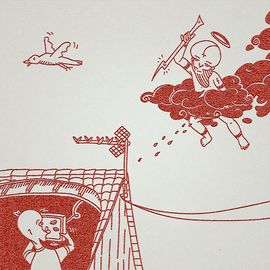 Un oiseau prend peur quand il voit la foudre venir. Dans sa maison, un homme embrasse son écran de télévision.