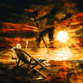 Un squelette salue un géant depuis sa chaise longue. Le géant se situe au-dela de l’horizon, dans un magnifique coucher de soleil.
