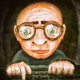 Un homme vu depuis son écran d’ordinateur tape au clavier. Il semble anxieux ou concentré.