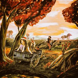 2 fillettes dans une charette folle avancent dans la forêt. Leur père les rejoints pour les récupérer.