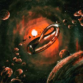 Gros plan sur une bouteille de Klein dans l’univers. Il y a beaucoup de roches en apesanteur et une naine rouge en fond.