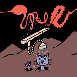 Un intestin fait pleuvoir dans une gouttière. La gouttière est reliée à une pomme de douche. Un chat violet qui sort la tête et une patte du sol profite de l’arrosage.