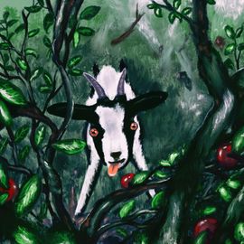 Chèvre debout sur ses pattes arrière, atteignant des mûres.