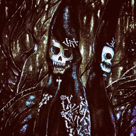 Silhouettes élégantes dans un défilé sombre, style post-mortem.