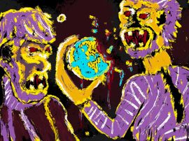 Deux hommes en costume et cravate se disputent la planète. L’un d’eux croque dedans tandis que l’autre le regarde avec mépris et jalousie.