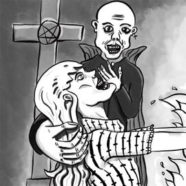 Un homme convie une femme à se joindre aux flammes. Une croix satanique pave l’arrière plan.