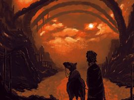 Un dromadaire et un homme voyagent dans un monde aux teintes rouges, rempli de mystère.