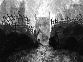 Barricade de pierres, gravats et grillages. Il y a un accès à l’autre côté, mais il est gardé par des hommes armés de fusils.