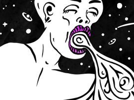 Un géant un peu malade vomit l’univers. En fond, il y a des galaxies et des étoiles.