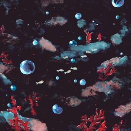Petits poissons au milieu des bulles et des coraux rouges, dans une eau sombre ressemblant un peu à l’espace.