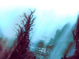 Scène sous-marine où les coraux laissent filtrer les raies de lumière.