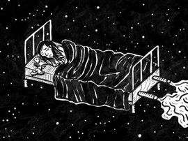 Homme qui dort dans son lit avec une peluche dans la main. Le lit a des réacteurs et parcourt le ciel de nuit.