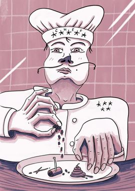 Chef de restaurant qui ajoute quelques copeaux de chocolat dans une assiette hautement gastronomique.