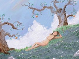 Femme nue allongée dans l’herbe sous des arbres à fruits.