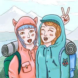 Deux amies posent pour la photo. Elles sont en randonnée.