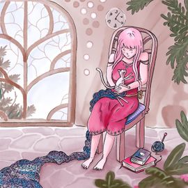 Une fille est assise sur une chaise et tient un petit chat. Sur ses genoux reposent un long tricot.