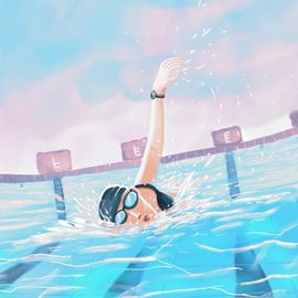 Nageuse vue de face qui fait du crawl dans la piscine.