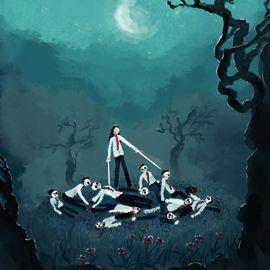 Combat à l’épée dans une plaine brumeuse avec des arbres sinueux. Il reste un individu debout et 10 sont morts.