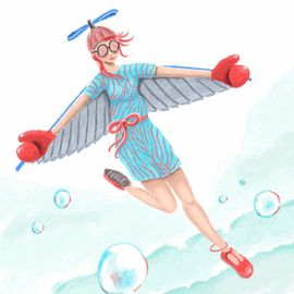 Femme étrange parmi les bulles. Elle a un bonnet à hélices, des gants de boxe et de fausses ailes qu’elle déploie. Sa robe est zébrée et ses lunettes ont des verres couverts de spirales.