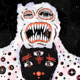 Masse blanche avec 3 bouches et 3 yeux dans le cosmos.