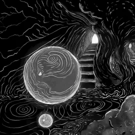 Caverne noire avec sol couvert d’eau. Une grosse bulle flotte. Traits blancs sur fond noir.