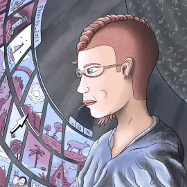 Un jeune homme fait le tri dans ses photos sur son ordinateur.