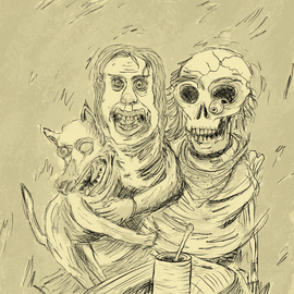 Portrait d’un chien borgne, d’un homme blafard et d’un squelette qui se serrent, autour d’une table. Sur la table, il y a une boîte de conserve ouverte avec une grande cuillère dedans.