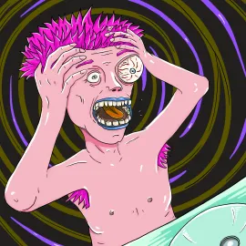 Un homme poilu et chevelu de rose se regarde dans le miroir de la salle de bain. Il se tient la tête à 2 mains et hurle. L’un de ses yeux est sur le point de sortir de sa tête.