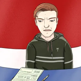 Un homme doit remplir un formulaire administratif. Il semble ne pas apprécier.