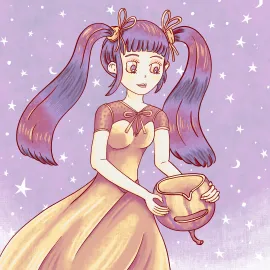 Une fille avec deux longues couettes tient un casque fait avec une pastèque. Style manga, couleurs pastels et fond étoilé.