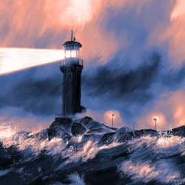 Un phare éclaire la mer qui se heurte par vagues sur les rochers.