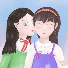 Une fille embrasse une autre fille sur la joue. Le style est doux et mignon.