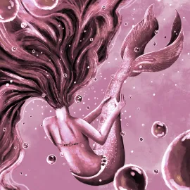 Une sirène vue de dos tient sa queue pour s’amuser et fait des bulles. L’ambiance est rose.