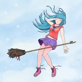 Jeune sorcière aux longs cheveux bleus ciel et en tenue d’été décontractée. Elle est dans les airs et flotte. Pourtant, elle vient de lâcher son balai magique qui reste à ses côtés. Style manga.