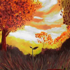 Une jeune pousse se distingue des broussailles. Le paysage a des teintes d’automne.