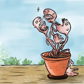 4 plantes aux têtes pleines de dents et aux longs cous tentent de capturer une mouche. Elles sont dans un pot. Une autre s’est fait couper le cou par ses congénères. Un malheureux accident.