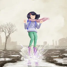 Une fille en hiver saute dans une flaque d’eau et s’amuse.