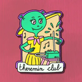 Écusson d’une écolière extraterrestre qui joue du thérémine avec joie.