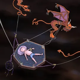 Trois créatures démoniaques avec cornes, grandes langues, ailes de chauve-souris et longues queues pointues, tirent dans les airs une plateforme sur laquelle dort un homme repu. Il semble paisible. Un attrape-rêve est accroché à la plateforme.