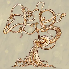 Arbre lumineux, doré, hors sol, sans feuilles. Il est très décoratif et contient de nombreux nœuds à son tronc, à ses branches et à ses racines.