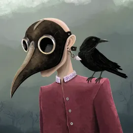Enfant avec chemise en velours rose qui porte un masque de la peste. Un corbeau est posé sur son épaule. L’air semble pollué et troublé. Au loin derrière, les arbres sont morts.