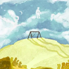 Colline sur laquelle trône une balançoire. L’assise est en mouvement alors que personne n’est dessus. Dans le ciel, il y a un nuage en forme d’enfant assis sur un autre nuage.