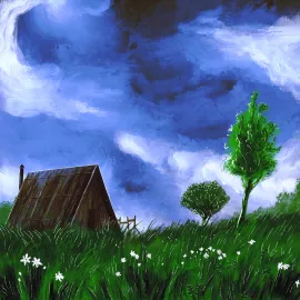 Petite maison en forme de A, dans une prairie aux hautes herbes. La scène est tournée vers le ciel immense et frais.