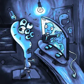 Un individu à 6 yeux regarde la télévision sur laquelle passe la météo. Des croix sont présentes sur toute la France, ce qui indique l’apocalypse.