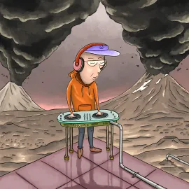 Un DJ dispose d’un Troglomix relié à la Terre. Le son s’y engouffre et fait exploser des volcans derrière lui. Il reste très serein et concentré sur sa musique.