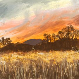 Champ de blé et soleil couchant derrière les montagnes. Un croissant de lune est dans le ciel.