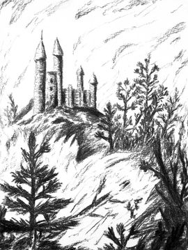 Donjon au dessus d’une forêt en feu.